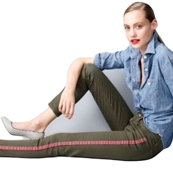 NWT J. Crew Toothpick Ankle Cropped Green Jeans with Red‎/White Trim, Size 26 - Picture 2 of 8